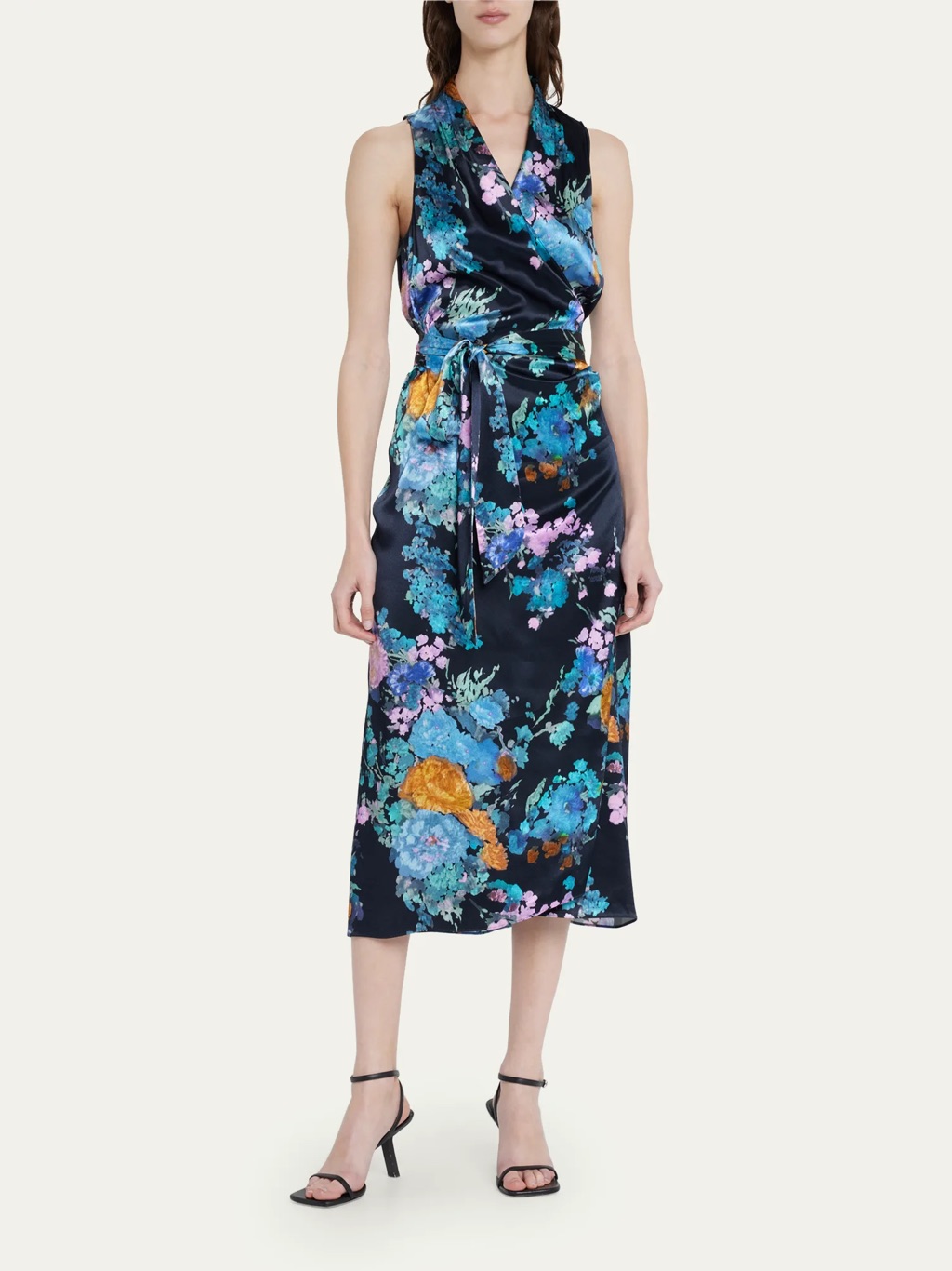 Vince Painted Bouquet Draped-Pleat Midi Wrap Dress